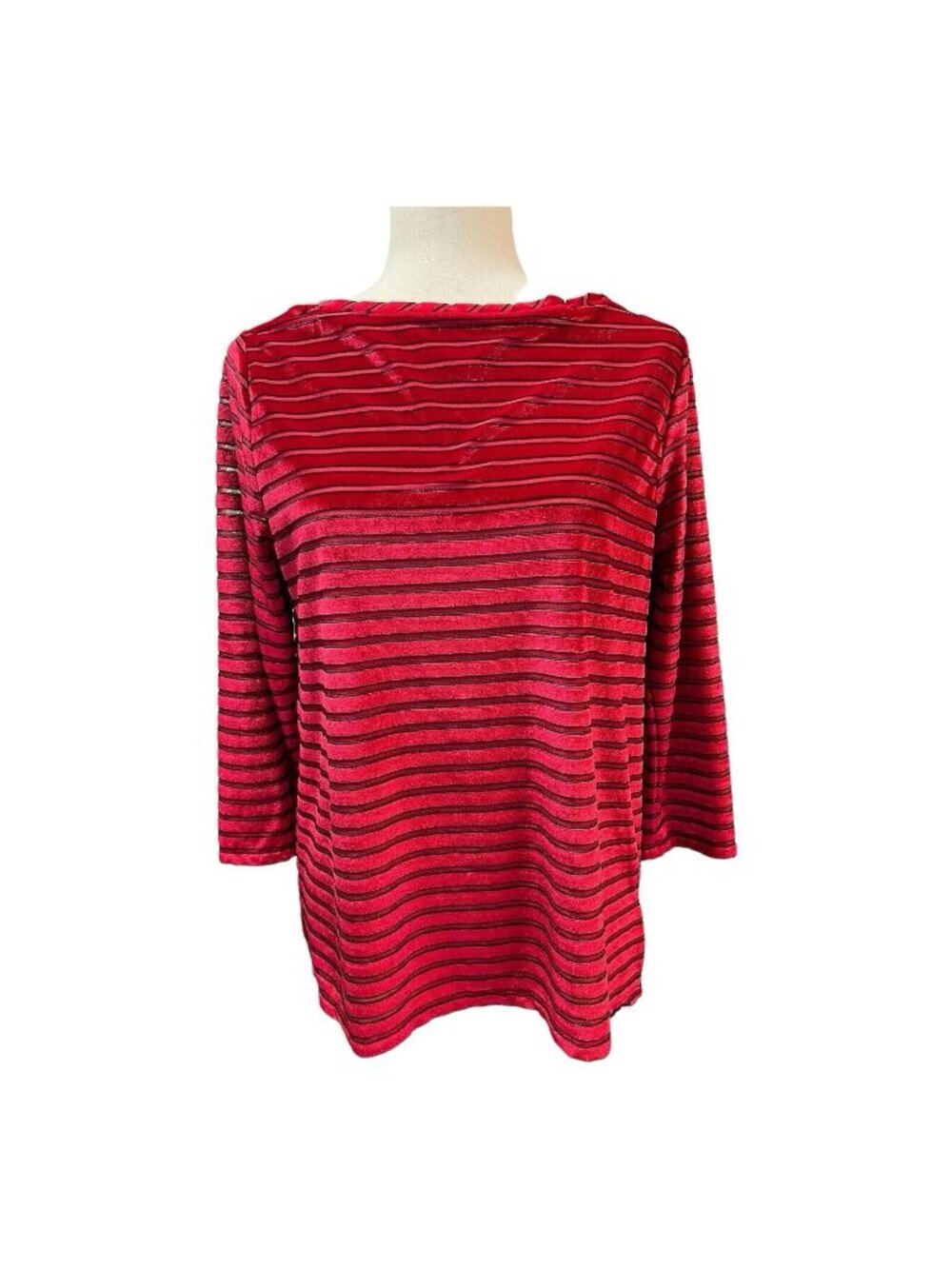 Jones New York Striped Top~Size Small~Red Black Sheer Velvet Party Feel  L1 04